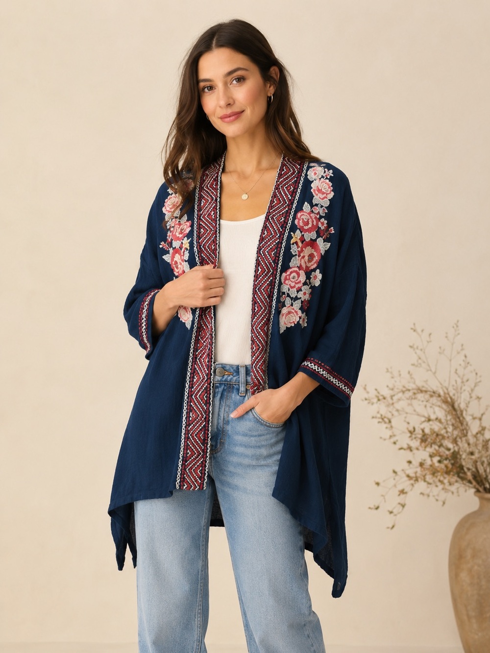 Andree by Unit Open 3/4 Sleeve Floral Embroidered Cardigan Bohemian Artsy Sz 1X